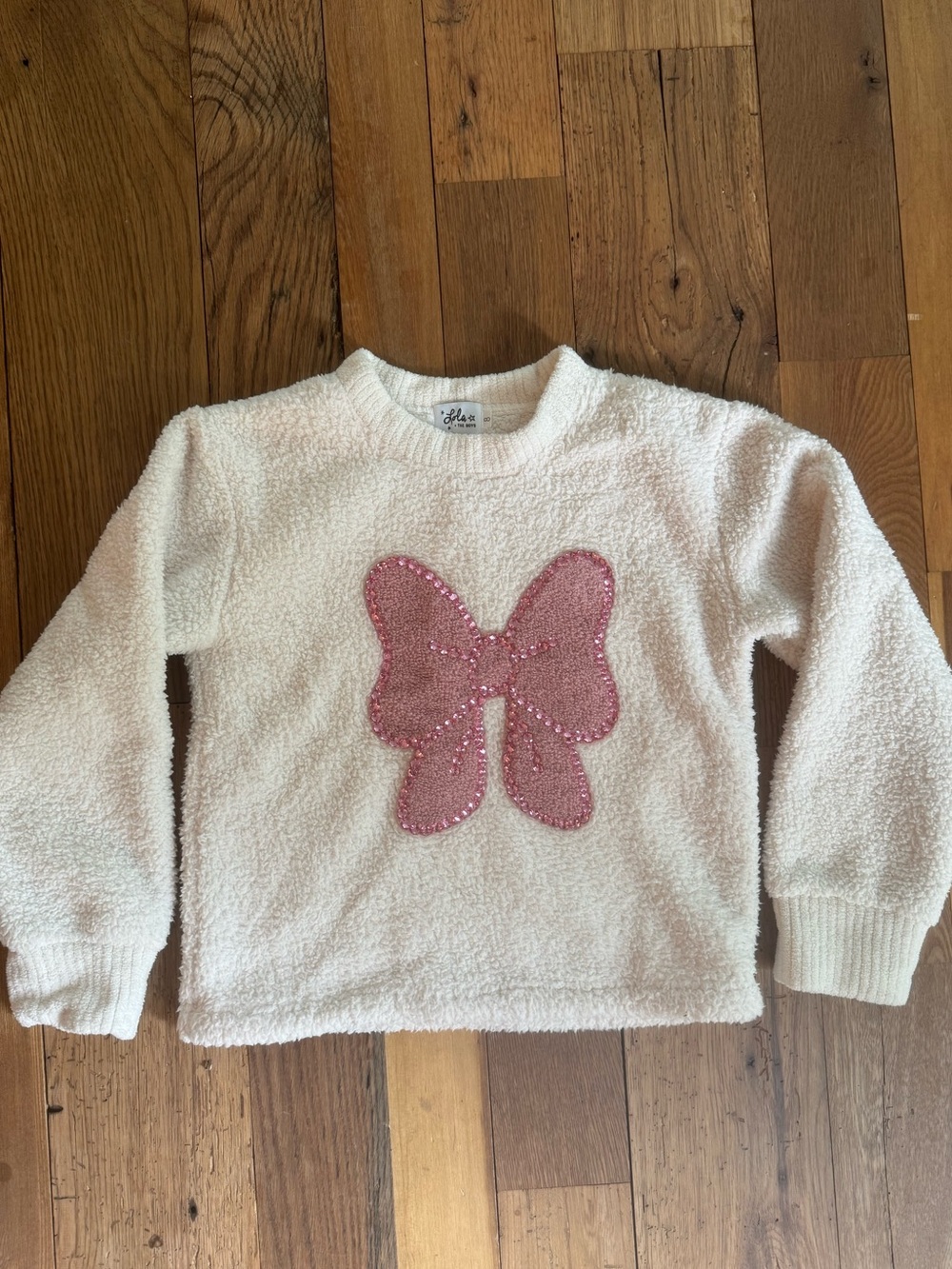 Lola + The Boys Cream Fuzzy Sweatshirt with Pink Sequin Butterfly